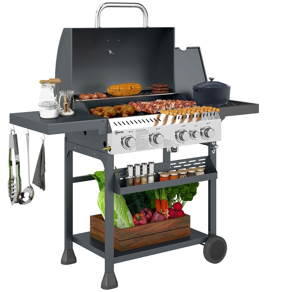 image 1 of Outsunny 4+1 Burner Propane Gas Barbecue Grill with Thermometer, Bottle Opener