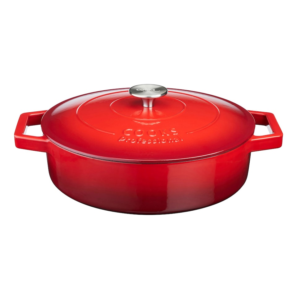 image 1 of Cooks Professional Cast Iron Casserole 28cm Shallow | 4.3L Capacity | Enamelled Inside & Out | Graduated Red