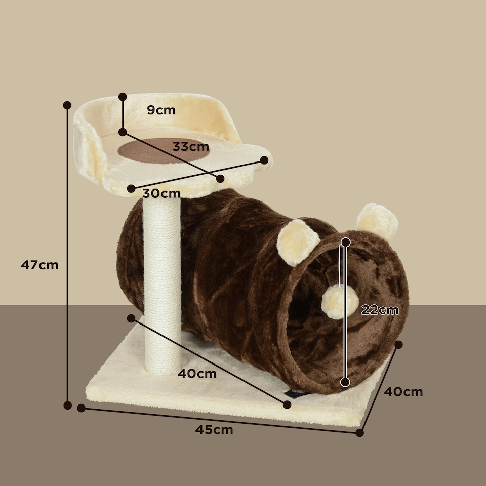 image 1 of PawHut Cat Tree with Scratching Post Bed Tunnel Toy Ball, 47cm, Dark Brown
