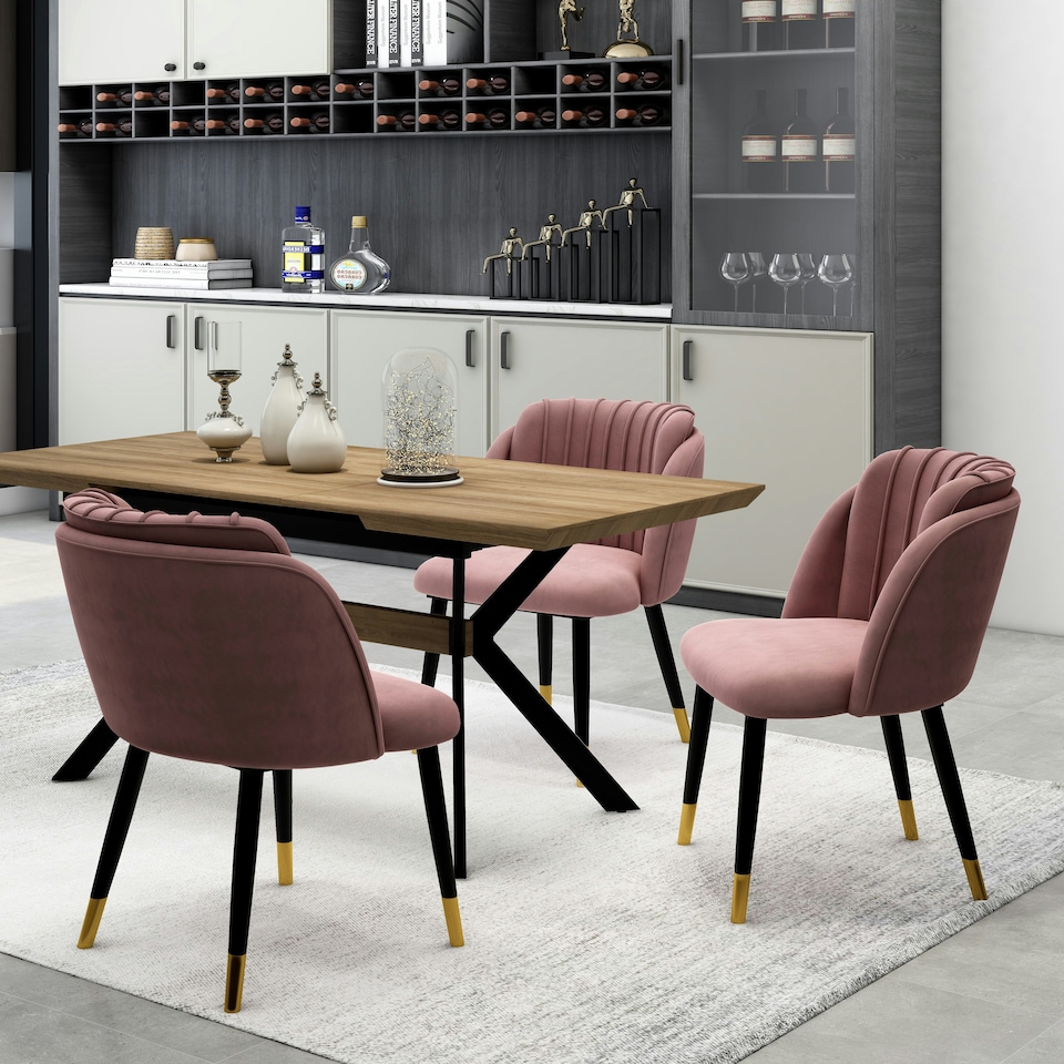 image 1 of Set of 2 Milano Velvet Dining Chairs with Stylish Ribbed Back Design, Black Metal Legs with Silver Tips | Pink | Gold End Tips