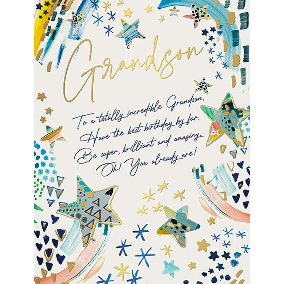 Words 'n' Wishes Traditional Grandson Birthday Card, Stars Design, Gold Foil Finish, Made in the UK