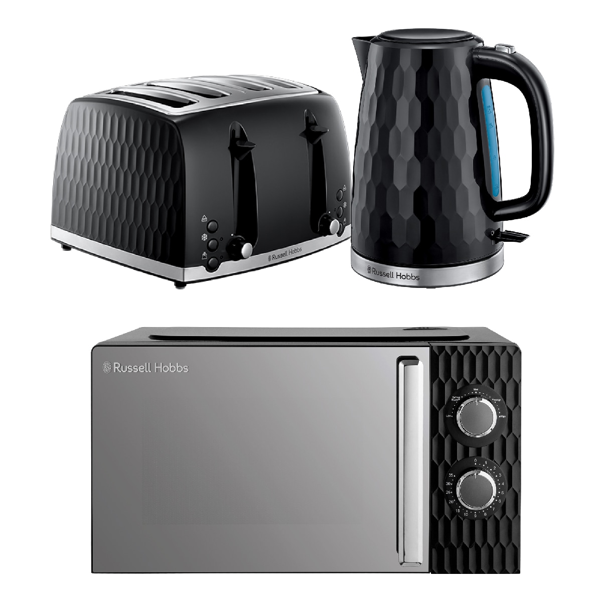 Russell Hobbs Honeycomb Bundle Set with Kettle, 4 Slice Toaster, and Microwave Black HCBNDL4B