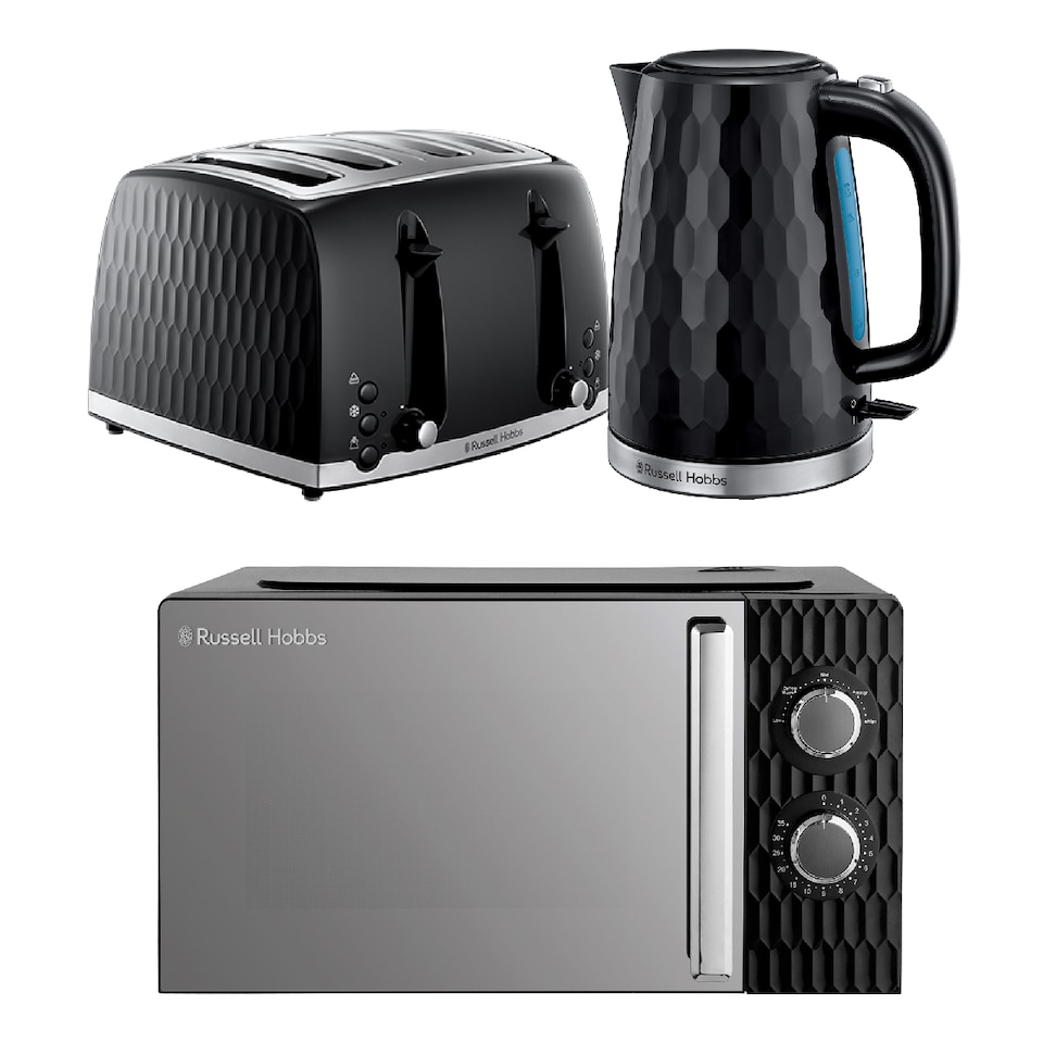 image 1 of Russell Hobbs Honeycomb Bundle Set with Kettle, 4 Slice Toaster, and Microwave Black HCBNDL4B