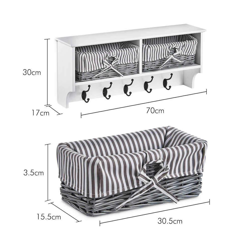 image 1 of VonHaus White Wall Mounted Coat Hooks with Baskets