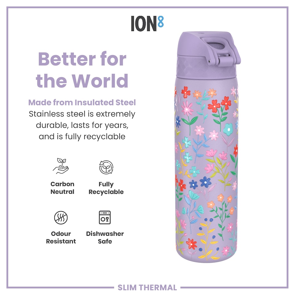 image 1 of Leak Proof Slim Water Bottle, Vacuum Insulated, 500ml (17oz) | Purple | Delicate Floral | One Size