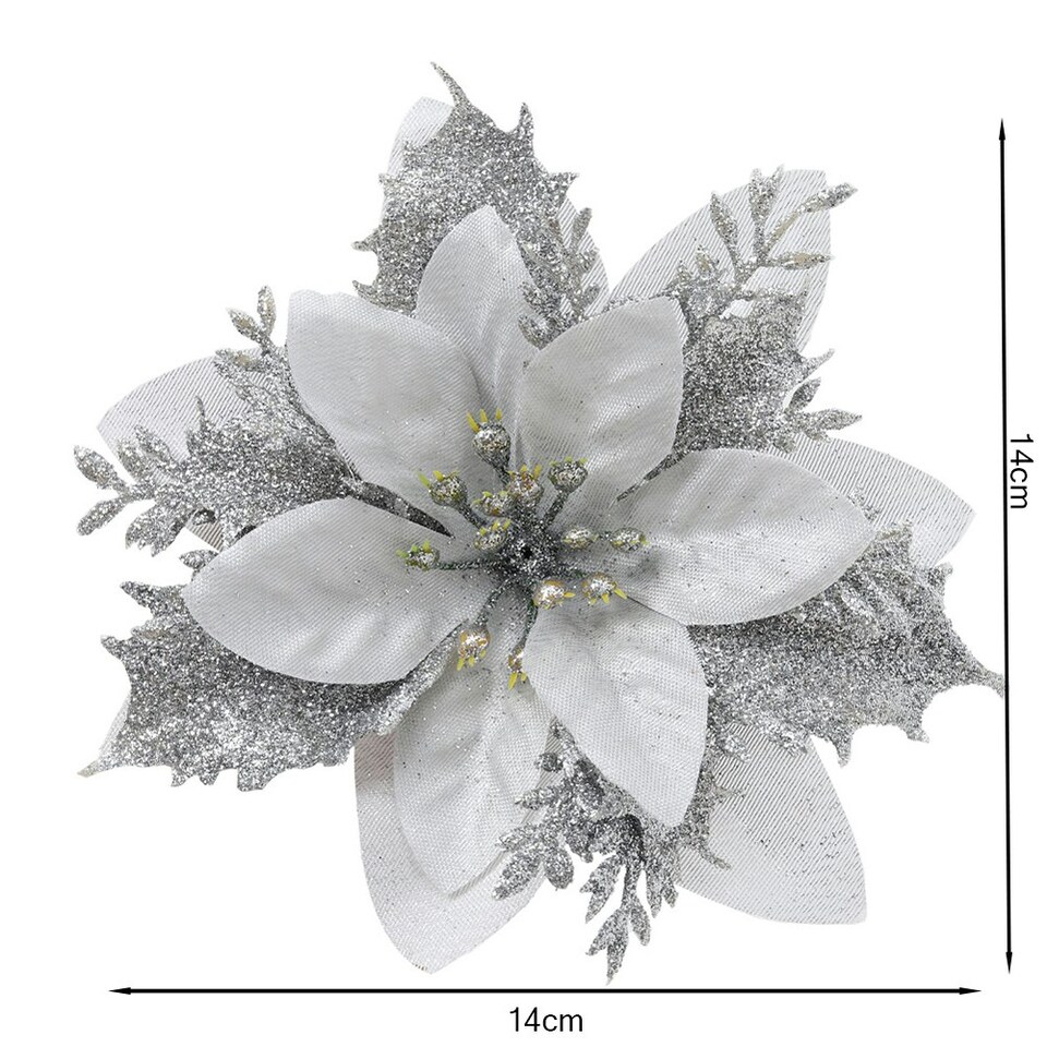 image 1 of Living and Home 24 Pcs Artificial Poinsettia Flowers Christmas Tree Ornament Set- Silver