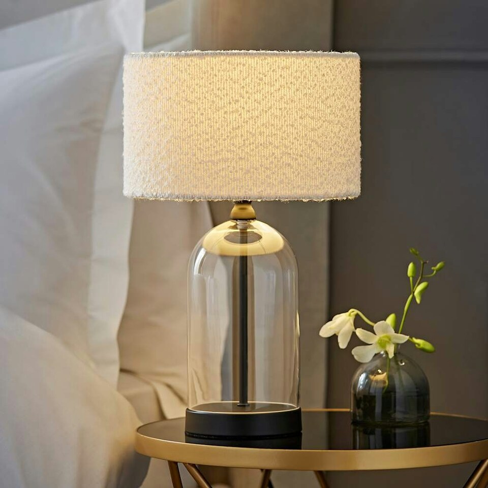 image 1 of ValueLights Jessy Glass and Black Metal Bedside Table Lamp with a Cream Boucle Lampshade