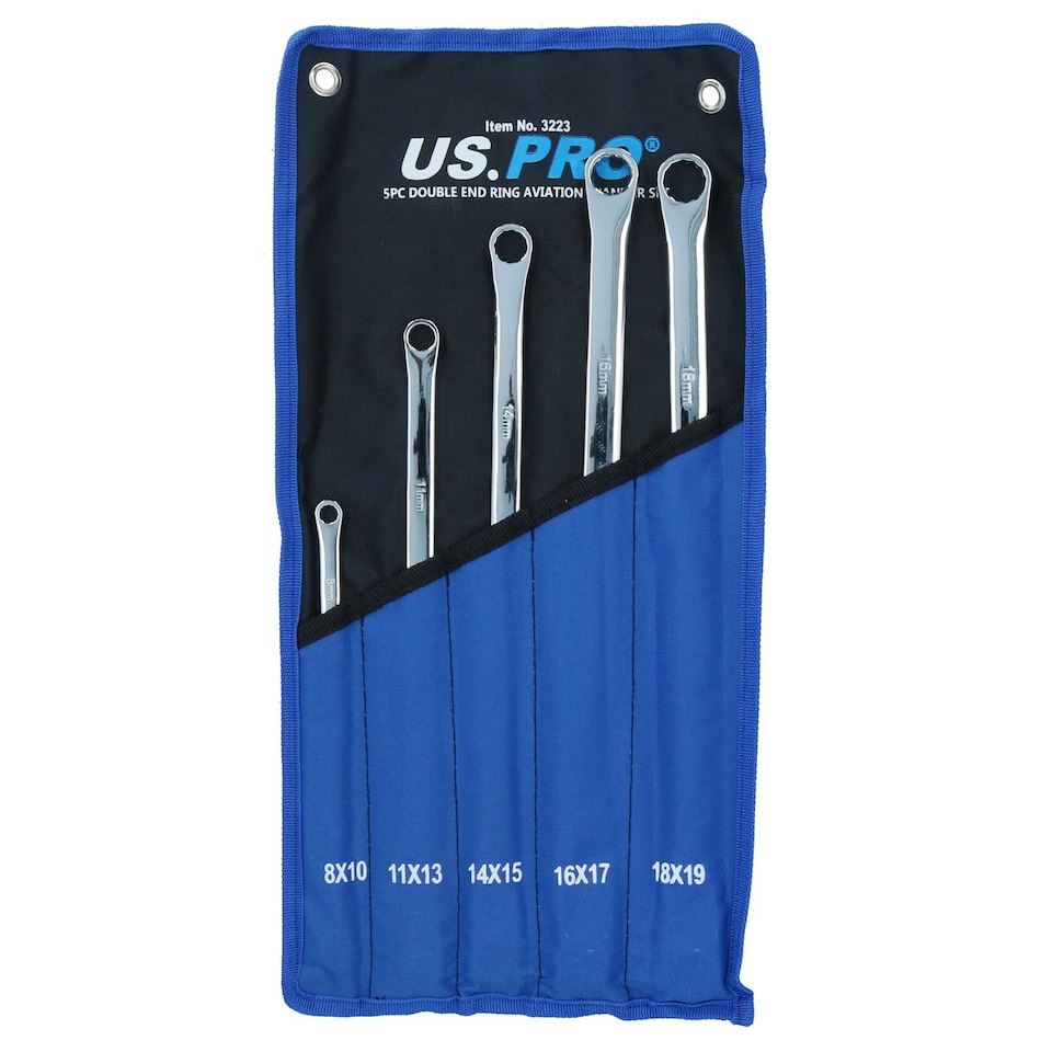 image 1 of Extra Long Double Ended Ring Spanner Aviation Wrench 8mm - 19mm 5pc Set