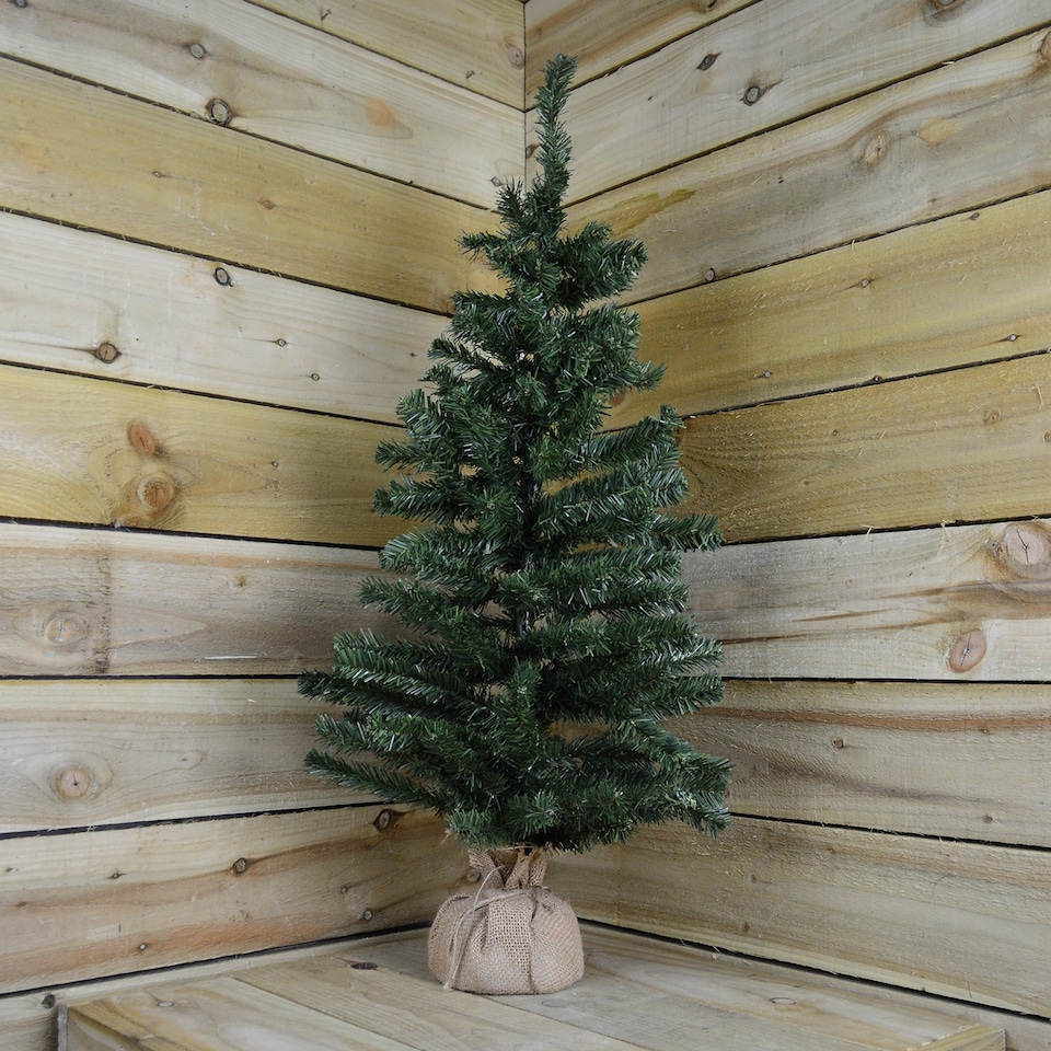 image 1 of 3ft (90cm) Mini Plain Green PVC Christmas Tree in a Jute Bag