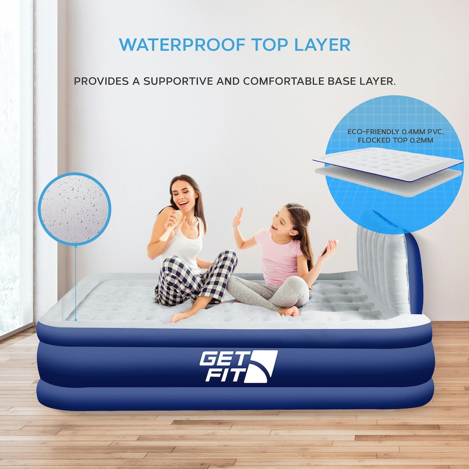 image 1 of Get Fit Air Bed With Built In Electric Pump - Premium Double Airbed - Quick Blow Up Bed With Headboard & 2 Free Inflatable Pillows - Air Mattress- Navy/White