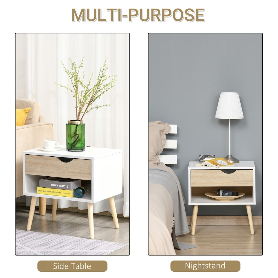 image 1 of HOMCOM Bedside Table with Drawer and Shelf, Modern Nightstand, End Table for Bedroom, Living Room, White