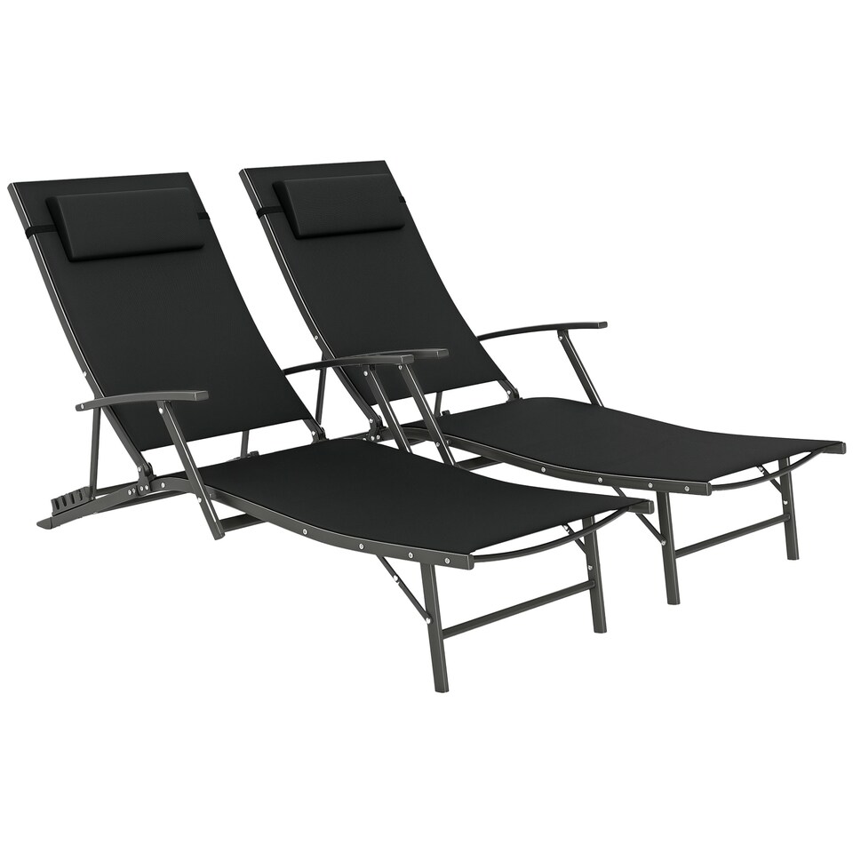 image 1 of Outsunny Set of 2 Garden Sun Loungers, Folding Chaise Lounge Chairs, Black