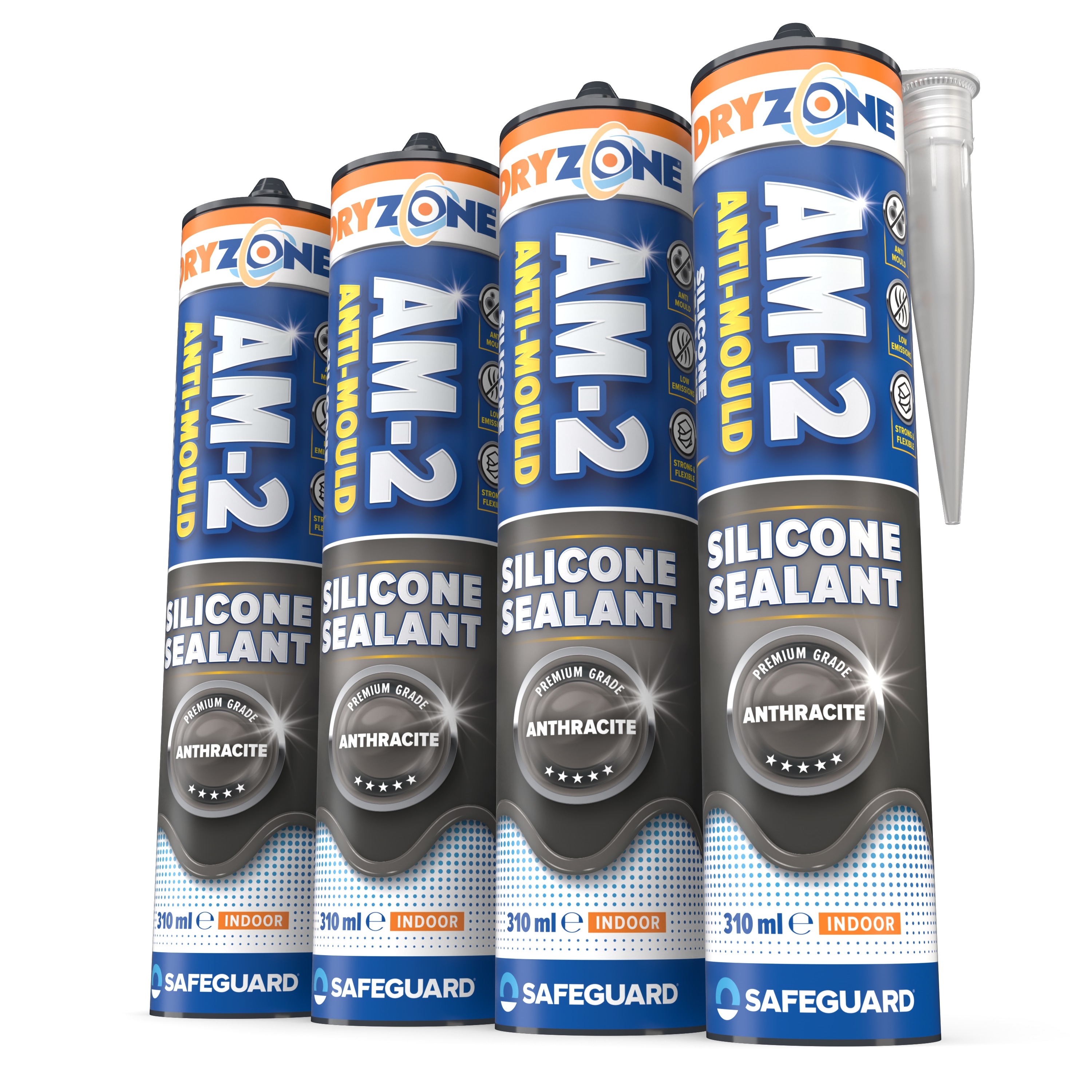 Dryzone Anti-Mould Silicone Sealant Anthracite Grey 310ml x 4 Pack, Waterproof Premium Sanitary-Grade, Low VOC Sealant for Bathroom & Kitchen