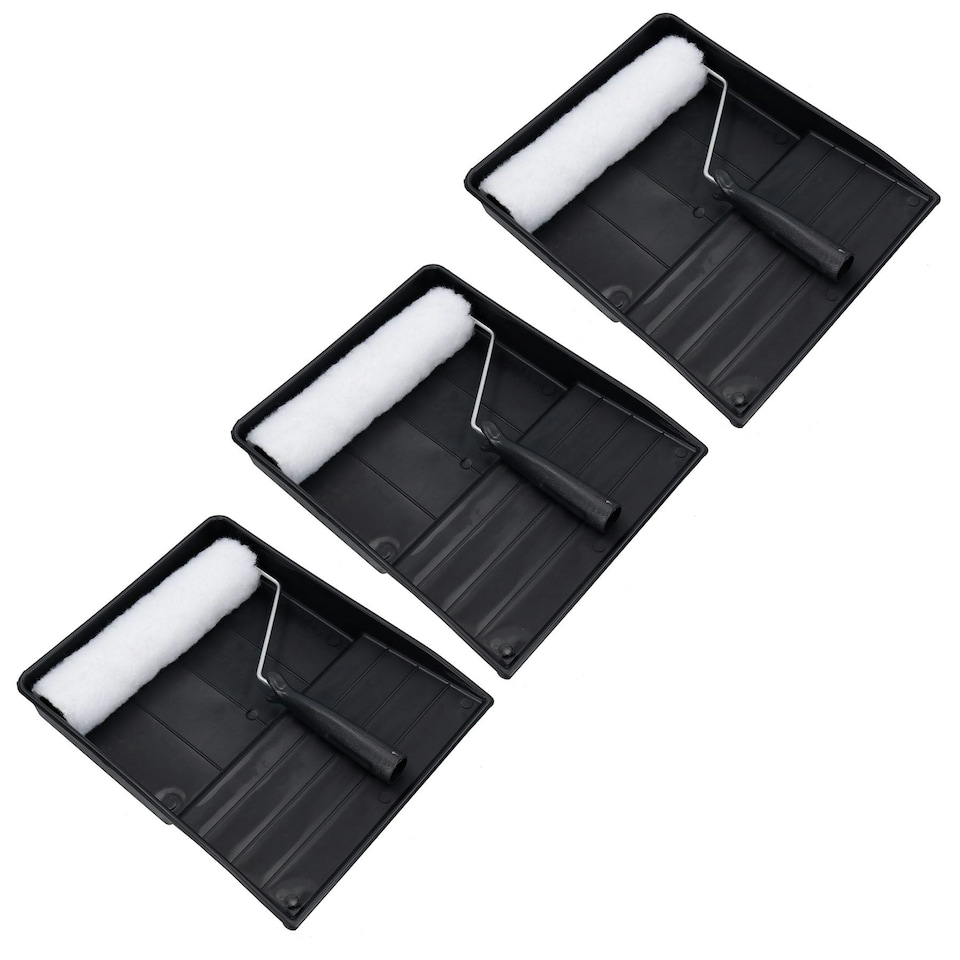 image 1 of 9" Painting Decorating Paint Tray and Wool Type Roller Egg Shell Gloss Paints 3pk