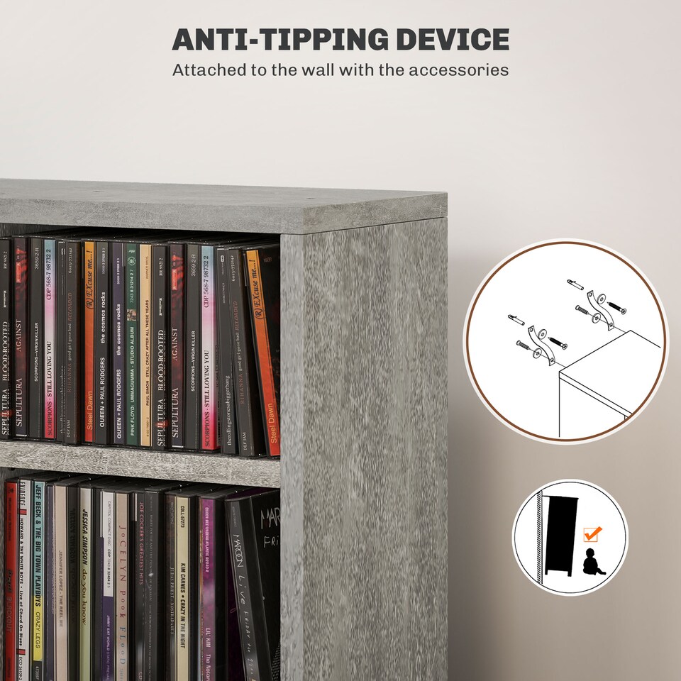 image 1 of HOMCOM 204 CD Media Display Shelf Unit Set of 2 Blu-Ray Tower Rack w  Adjustable Shelves Bookcase Storage Organiser, Cement Grey