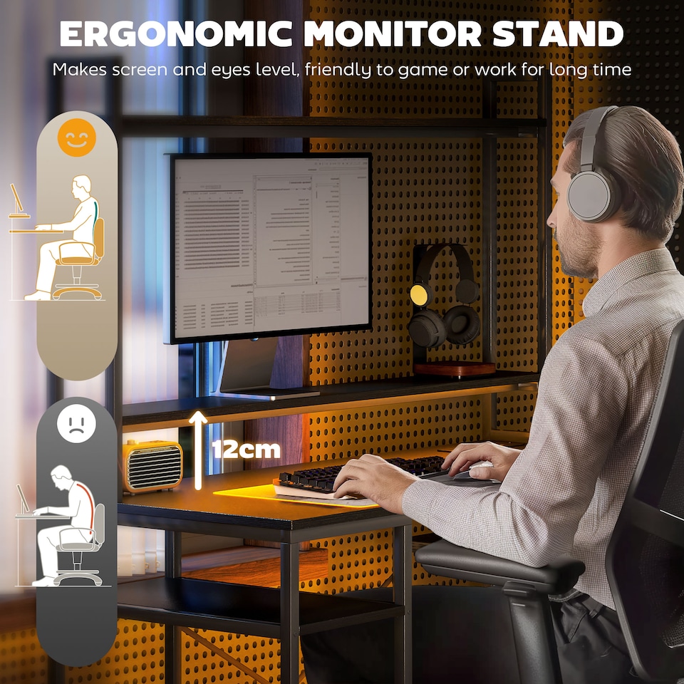 image 1 of HOMCOM Computer Desk with Power Outlets and LED Lights, Home Office Desk with Monitor Stand, 2 CPU Stands and Storage Shelves, Study Table Gaming Desk with Hutch, Black | Black