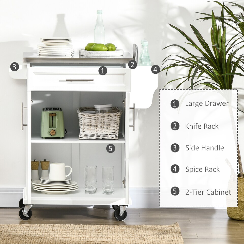 image 1 of HOMCOM Rolling Kitchen Cart Storage Trolley with Drawer Towel Rail Steel White