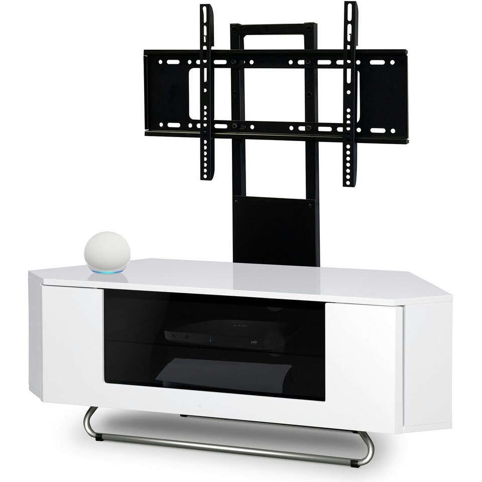 image 1 of Centurion Supports Hampshire Corner-Friendly Gloss White with Contrast Beam-Thru Remote Friendly Door 26"-50" Flat Screen TV Cabinet with Mounting Arm White