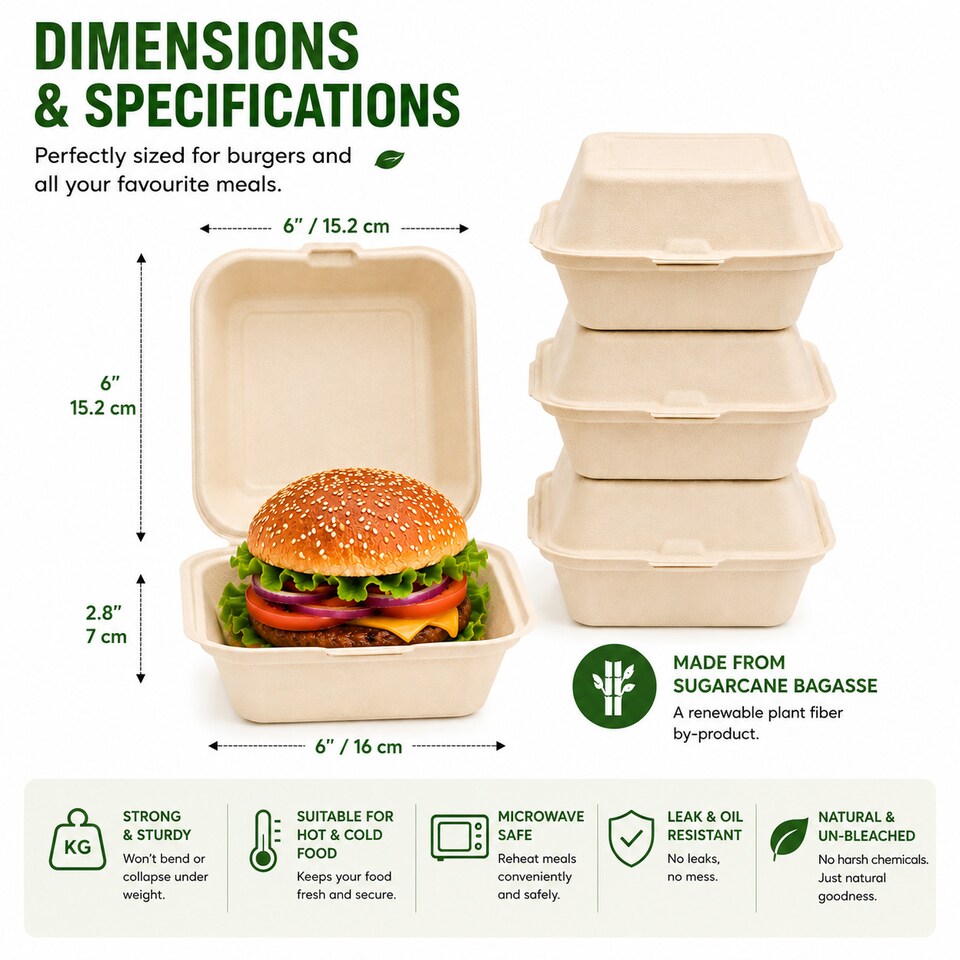 image 1 of Bagasse Sugarcane Burger Takeaway Boxes 6x6 Clamshell Containers, PFAS Free, TUV Home Compostable Certified Food Boxes for Hot & Cold Meals, Restaurants, Parties & Catering