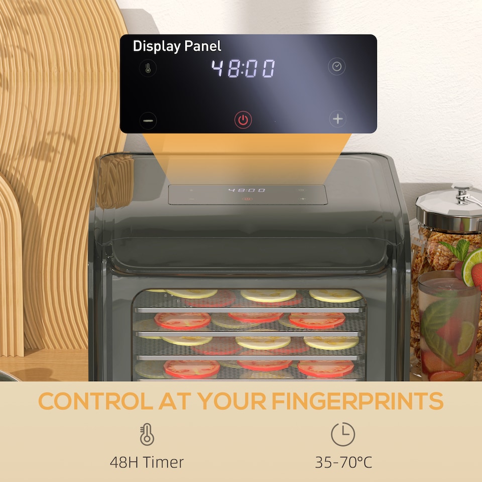 image 1 of HOMCOM Digital Food Dehydrator with 6 Stainless Steel Tray, 350W Food Dryer Machine with LED Touch Panel, Adjustable Temperature, 48H Timer for Drying Fruit, Meat, Vegetable, Jerky, Pet Treat, Black