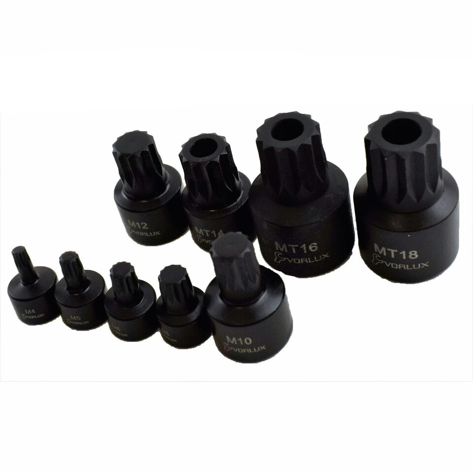 image 1 of 9pc Stubby Impact Triple Square Tamperproof Bit Sockets Spline 1/4" 3/8" 1/2"