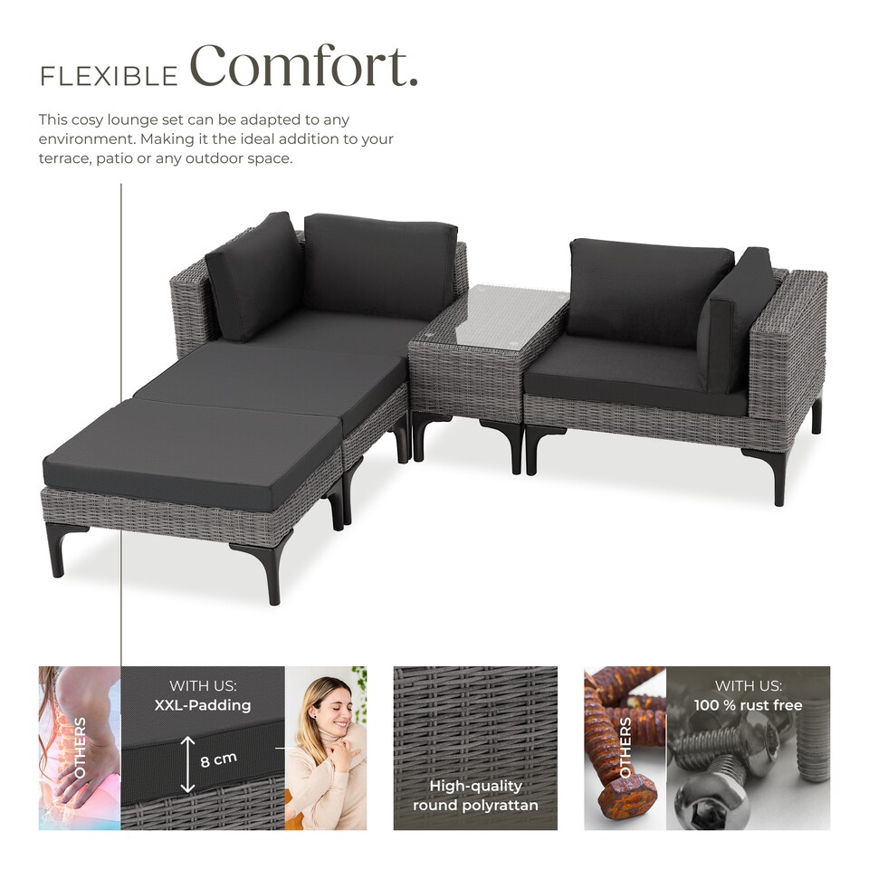 image 1 of Garden Furniture Set Bellaria - 2 armchairs, 2 stools, side table, thick seat cushions | Grey | grey | 169,50 x 204 x 74 cm | 1