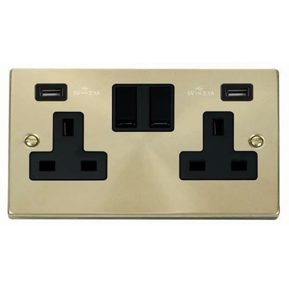 image 1 of SE HOME Satin Brushed Brass 2 Gang 13A 2 USB Twin Double Switched Plug Socket | Gold | Satin Brass