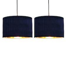 Set of 2 Sundance - Navy Blue Velvet Pleated 30cm Lamp Shades with Gold Inner | Blue | Gold | Large | 2