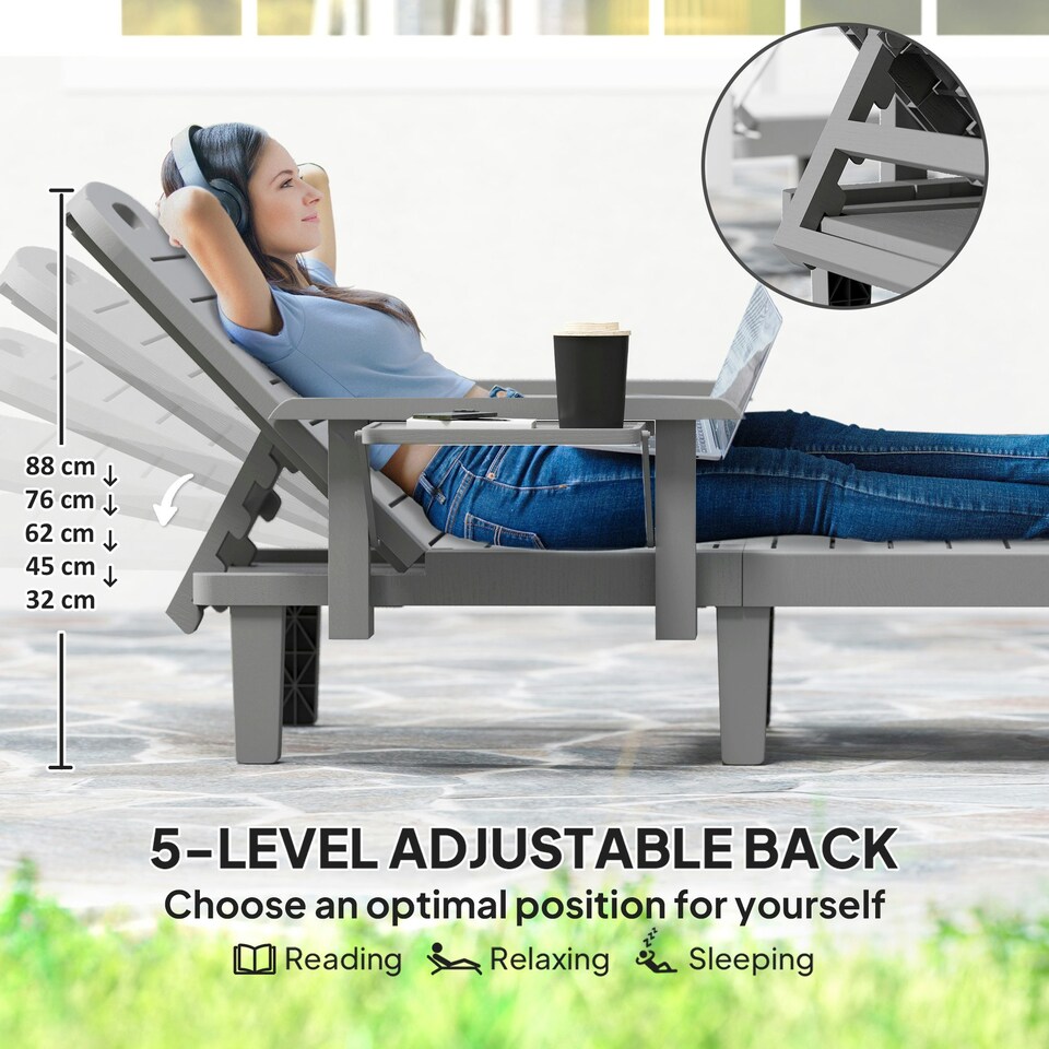 image 1 of Outsunny Set of 2 Resin Reclining Sun Loungers for Garden, Dark Grey