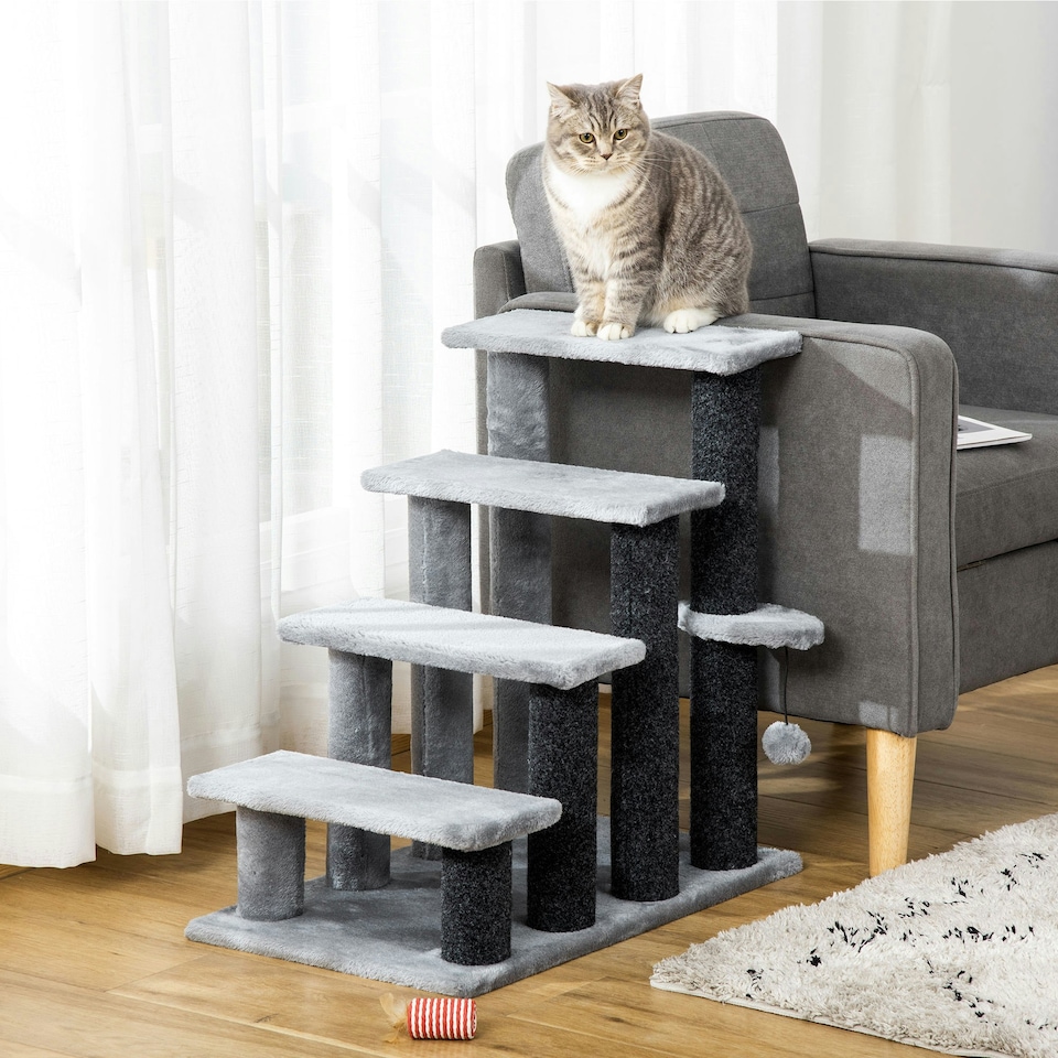 image 1 of PawHut Pet Stairs with 4-step Stair, Scratching Posts, Platforms, Toy Ball
