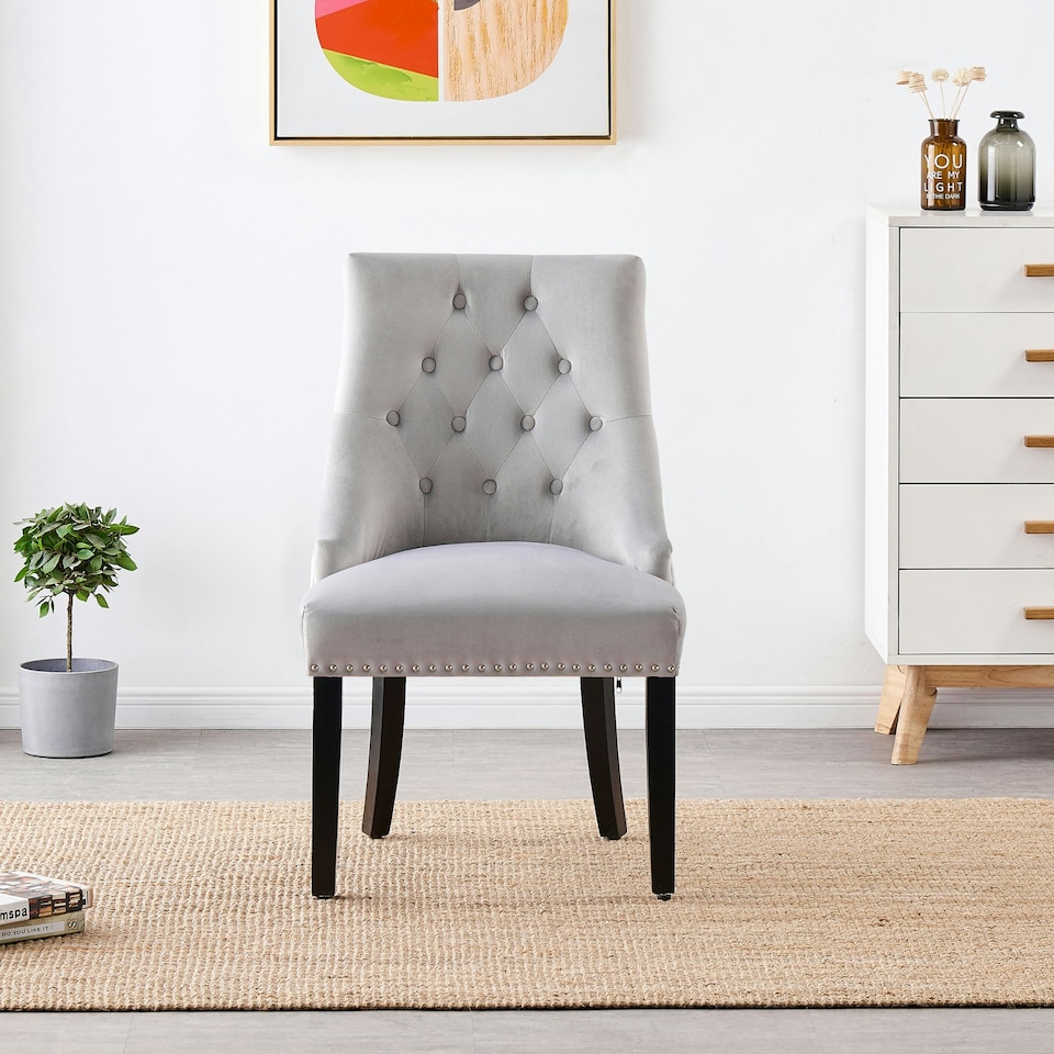 image 1 of Single Velvet Dining Chair Ergonomic Scoop Knockerback & Button Tufted Wood Legs Grey | Light Grey