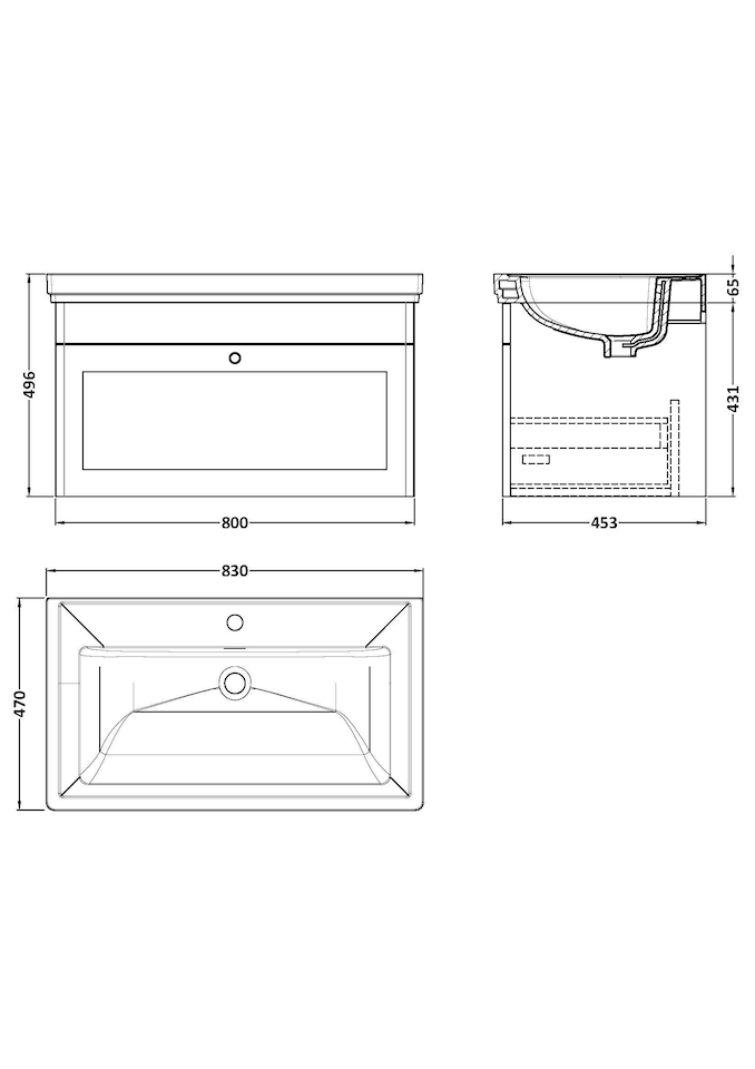 image 1 of Bathroom Wall Hung 1-Drawer Vanity Unit & Fireclay Basin, Grey, 800mm | Grey | Dark Grey | 470 x 830 x 496mm