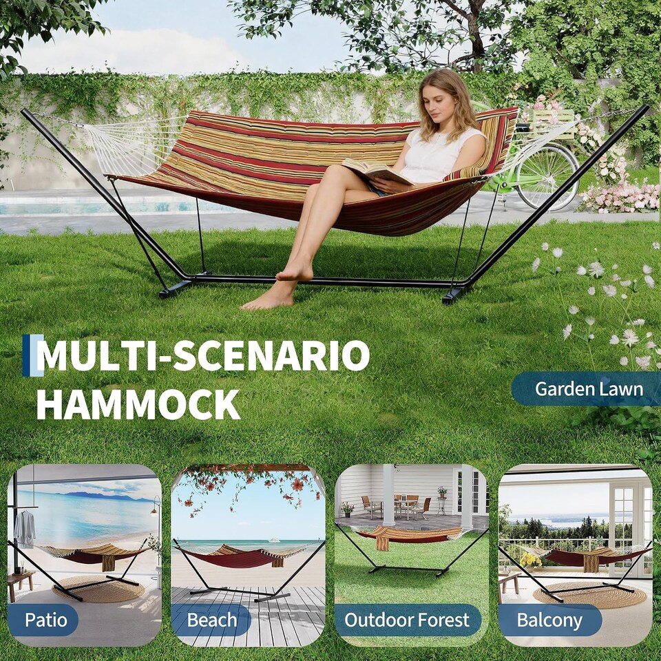 image 1 of London Boutique 12FT Double Hammock with Stand, Garden Hammock with Pillow and Balance Ropes, Red and Yellow