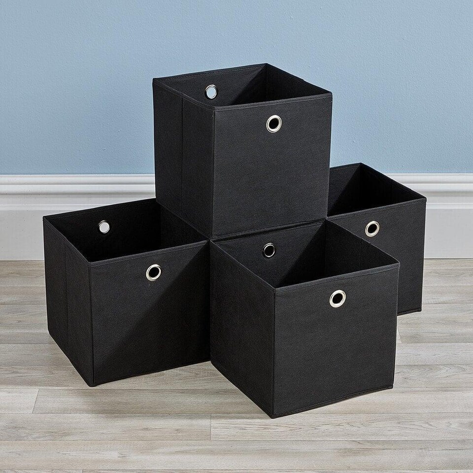 image 1 of Foldable Canvas Storage Folding Box Fabric Cube Cloth Bag 4 Piece Set | Black
