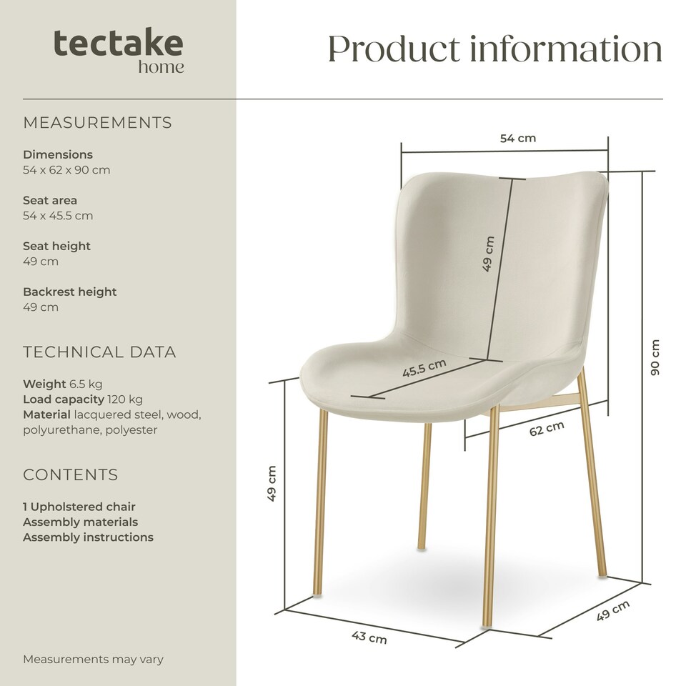 image 1 of Dining Chair Tessa - ergonomic high backrest, slim steel legs, soft fabric - per piece Cream | Velvet Look Beige/Gold