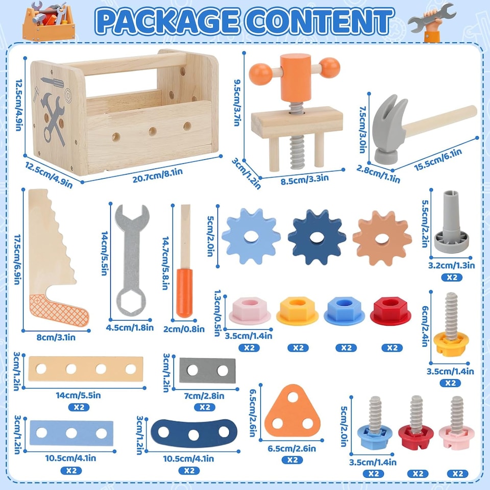 image 1 of Wooden Kids Tool Set – 37-Piece Montessori Construction Play Kit with Portable Suitcase Educational Role Play Toy for Ages 3–12