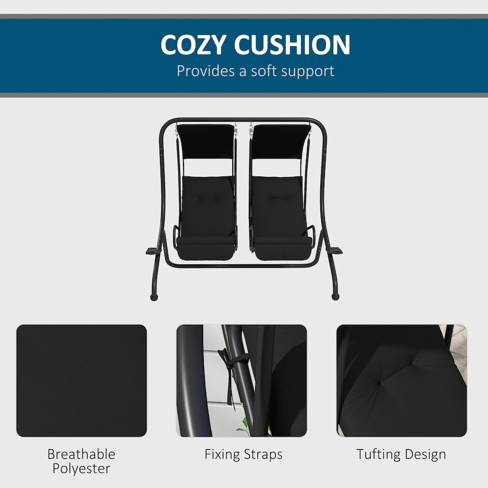 image 1 of Outsunny Canopy Swing 2 Separate Relax Chairs w/ Handrails, Cup Holders | Black | Black | L