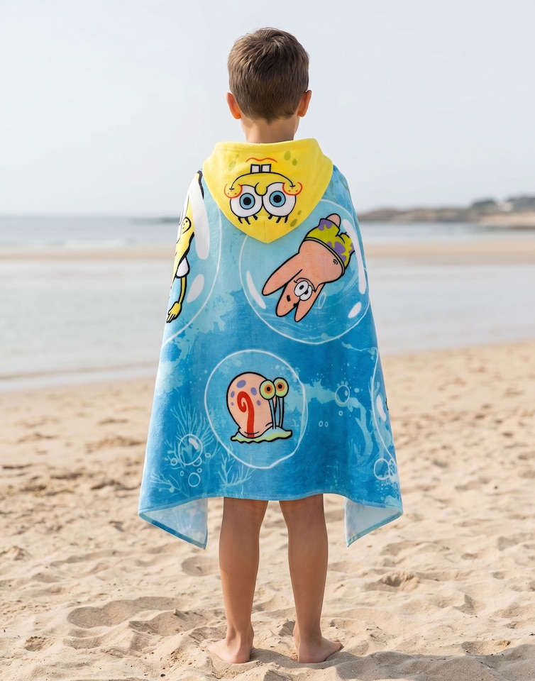 image 1 of SpongeBob SquarePants Boys Yellow & Blue Hooded Poncho Towel | Multi Character Graphic Print | Patrick Star Squidward Mr Krabs | Poolside Beachwear Towel | SpongeBob Merch