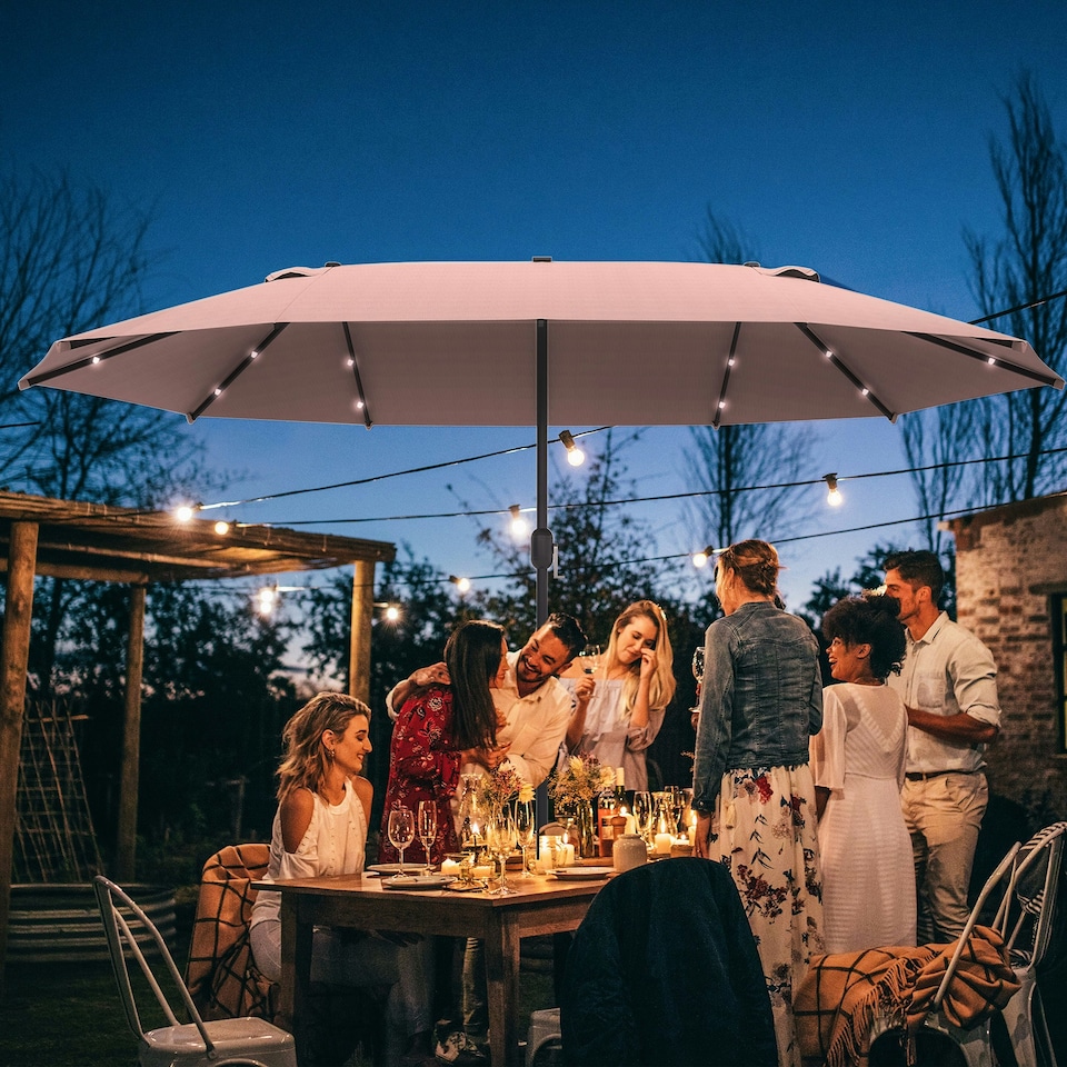 image 1 of Outsunny 4.4m Double-Sided Sun Umbrella Patio Parasol Solar Lights Khaki