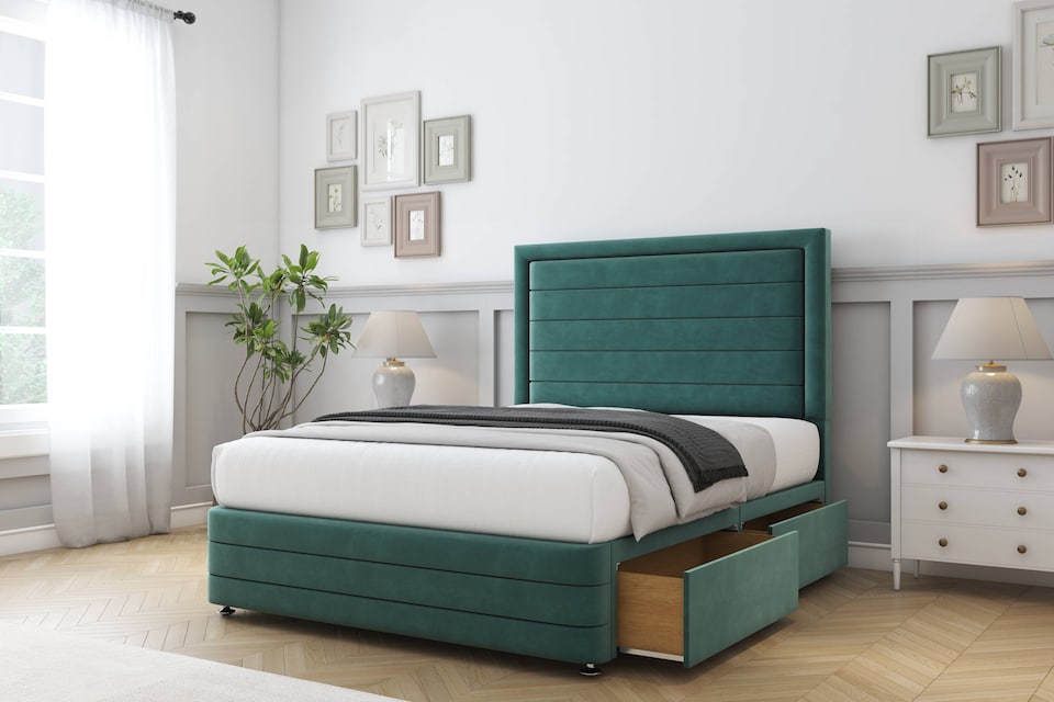 image 1 of Sloomy Ashford Emerald Plush Divan Bed With Mattress 2 Drawers Right Side With 54" Floor Standing Headboard & 12" Matching Footboard 3' Single | Green | Emerald | Single | 1