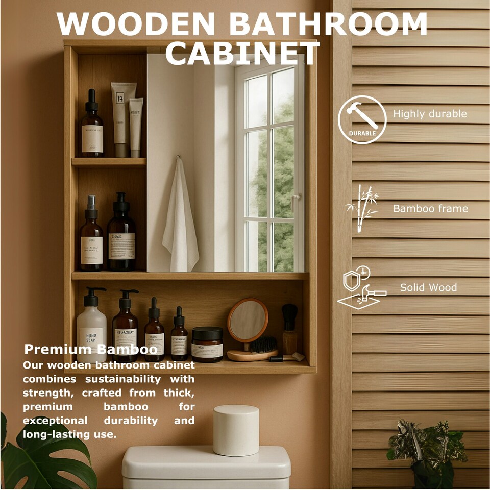 image 1 of Wooden Bathroom Wall Storage Cabinet Organiser With Mirror Natural Brown Brown