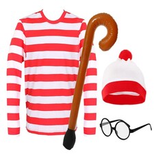 Find Me Costume - Top, Hat, Glasses & Walking Stick Red | L