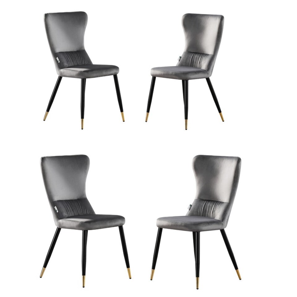 image 1 of Set of 4 New York Modern Velvet Dining Chairs with High Back, Black Metal Legs | Grey | Gold End Tips