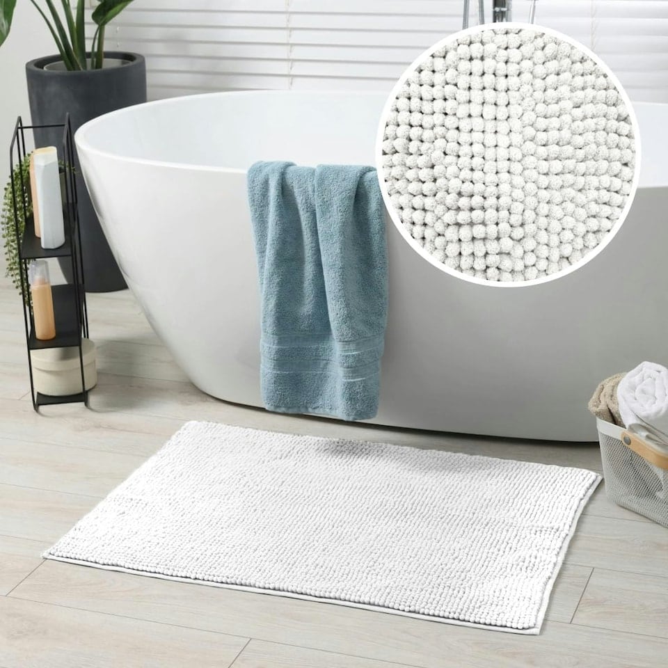 image 1 of Chenille Bobble Bath Mat Non-Slip 50 x 80cm - White