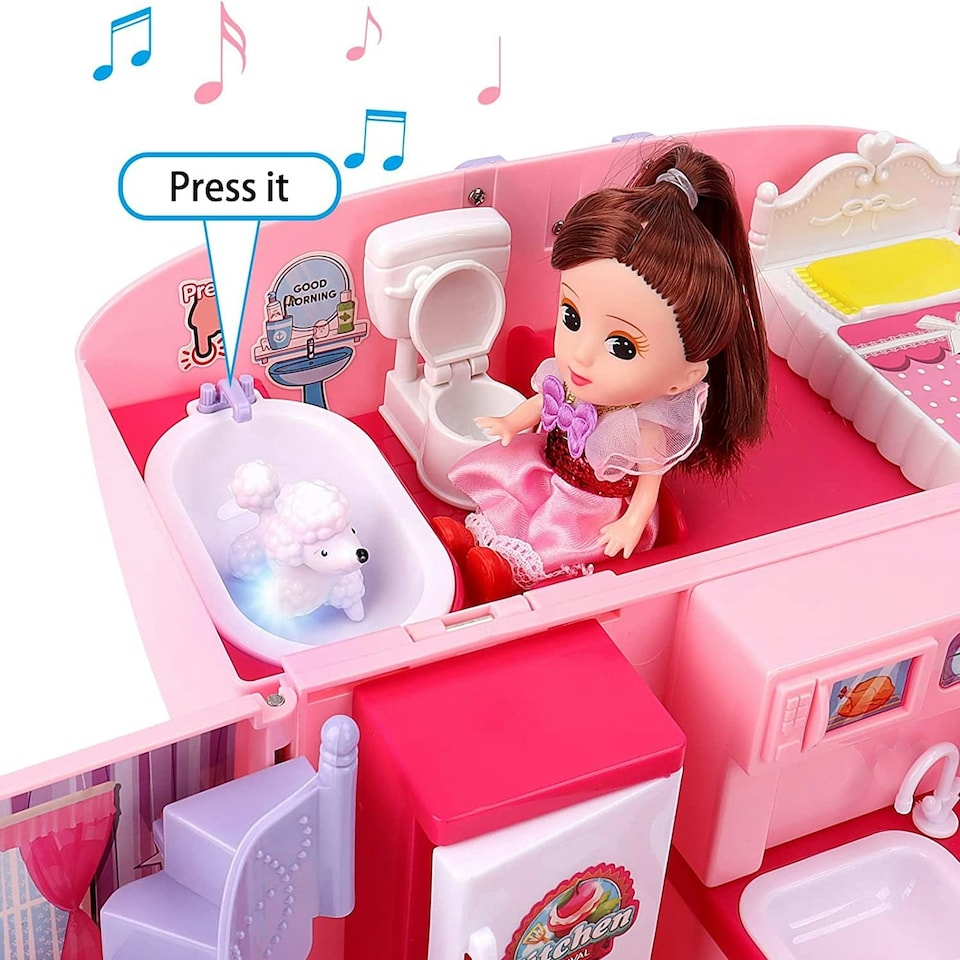image 1 of Children’s 2 In 1 Pink Portable Hand Bag Style Carrycase Doll House Play Set with Light & Sound Functions
