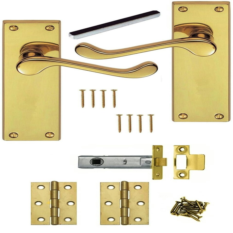 image 1 of Golden Grace 4 Sets Scroll Door Handles Lever Latch in Polished Brass Finish with Hinges and Latches - 150mm x 42mm Gold