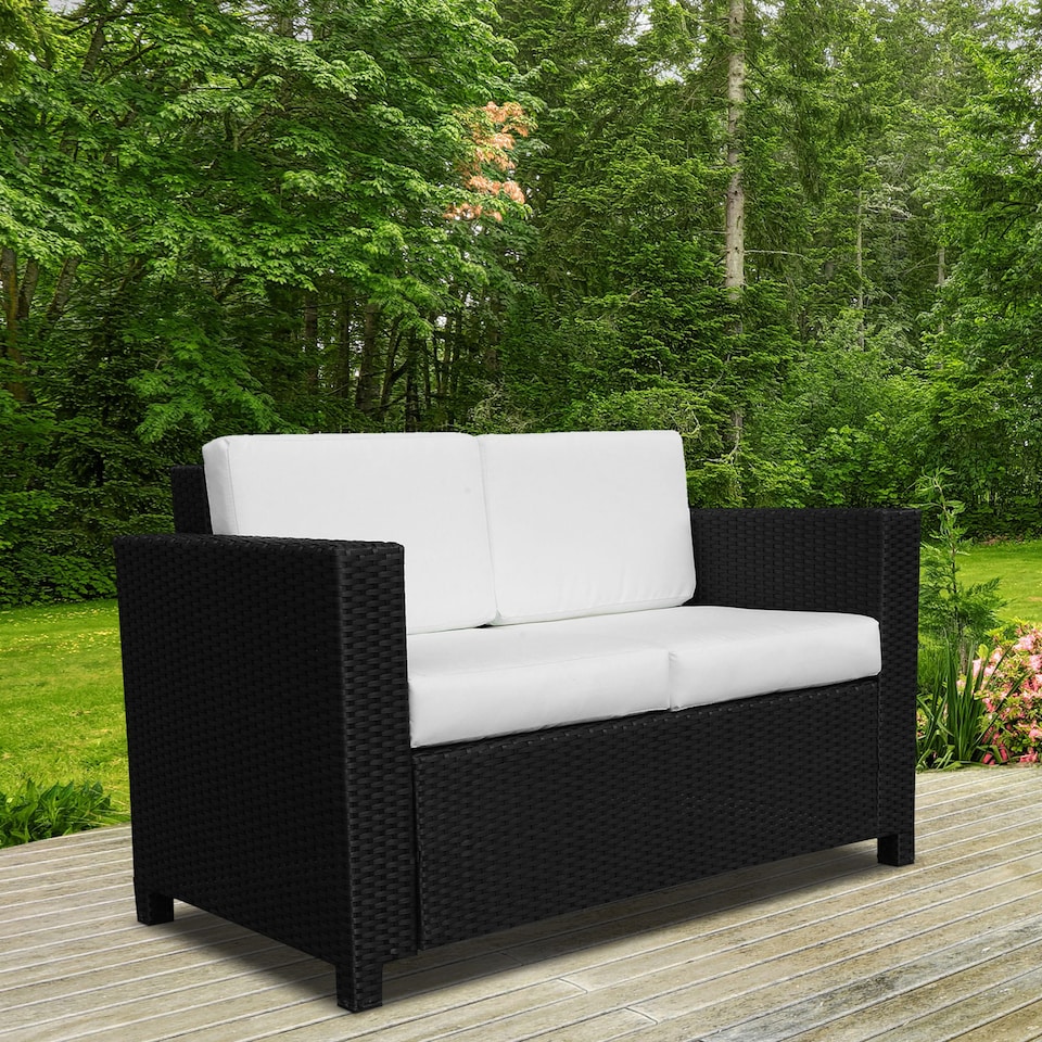 image 1 of Outsunny Rattan Sofa, 2 Seater Garden Furniture with Soft Padded Cushion and Armrests, Wicker Garden Loveseat for Patio, Black