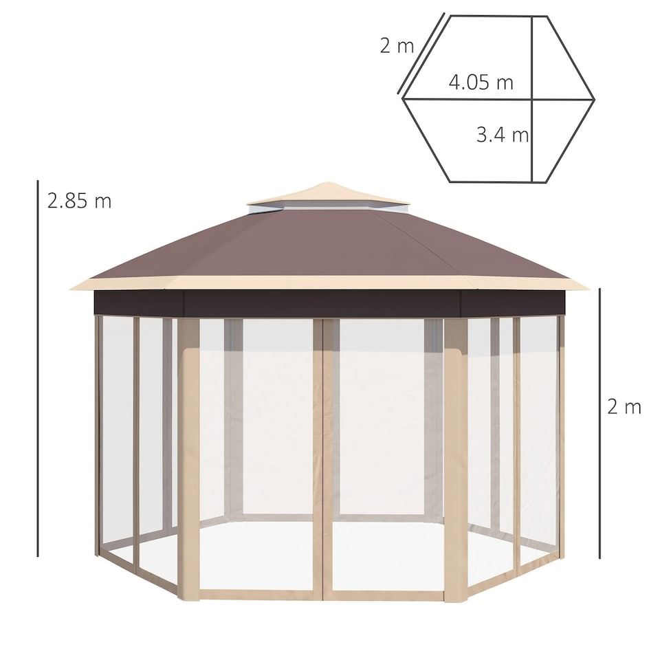 image 1 of Outsunny 3x4m Hexagon Gazebo w/ Mesh Curtains Outdoor Garden, Khaki
