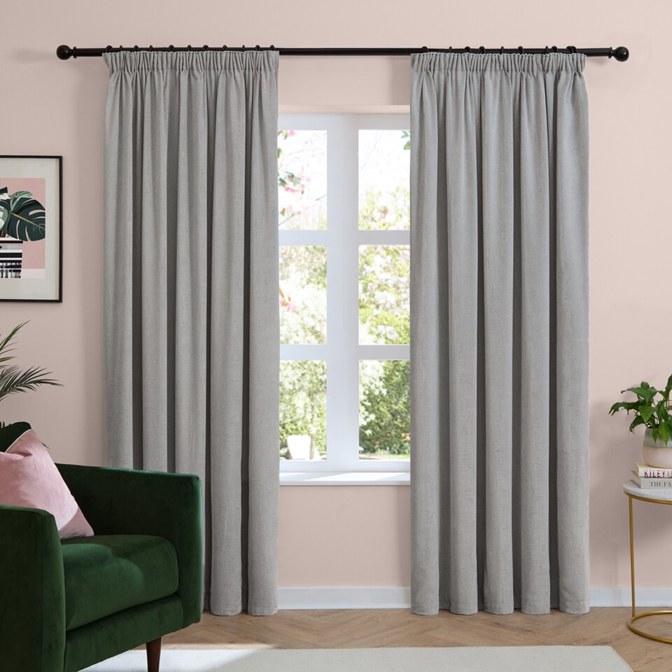 image 1 of Furn Soft Chenille Blackout Pencil Pleat Curtain Pair, 117cm width x 183cm drop | Silver | Silver | 1