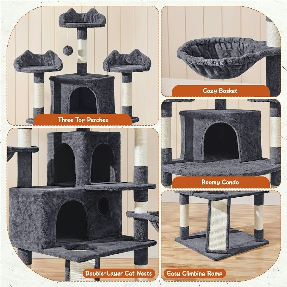 image 1 of Yaheetech Large Cat Tree with 3 Condos Dark Grey